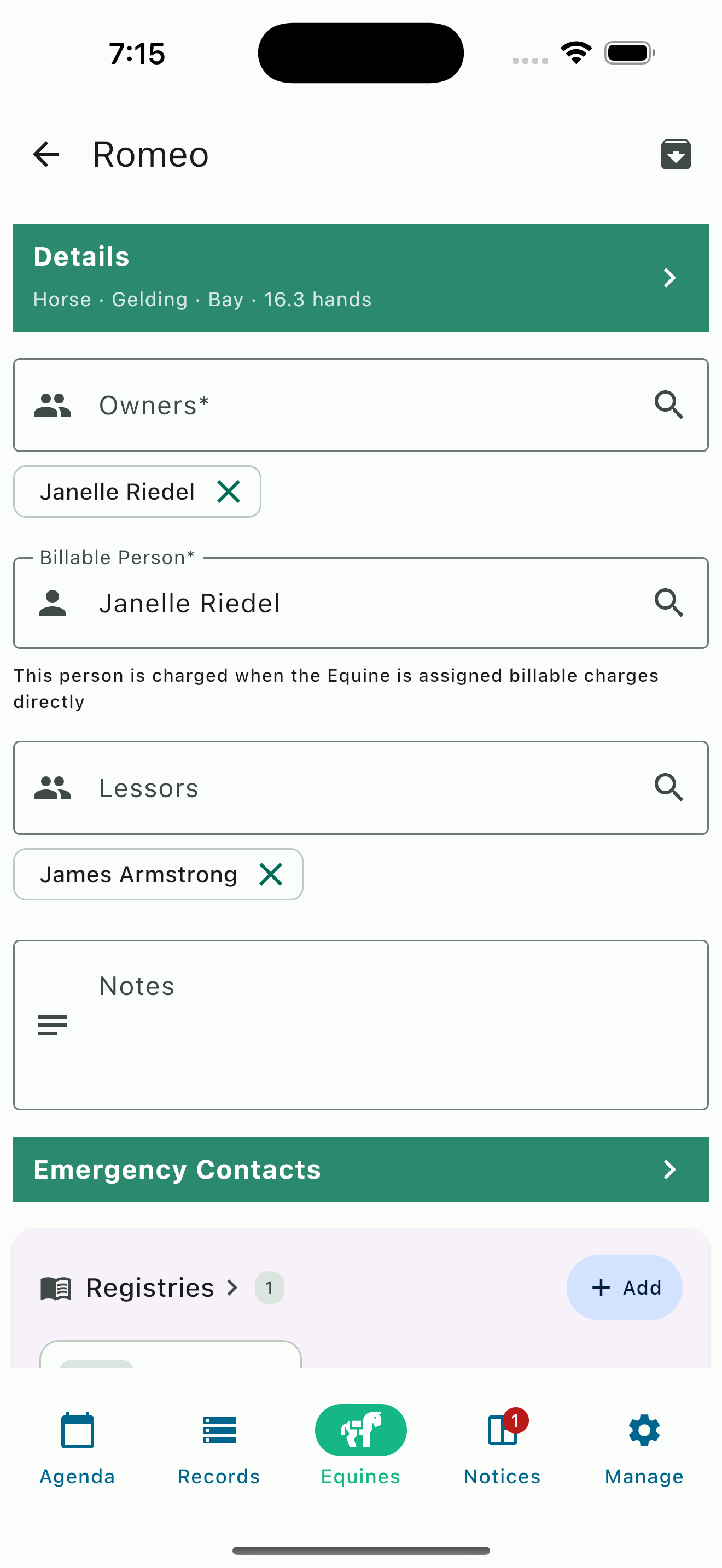 Horse profile showing owner, lessee, and billable person information