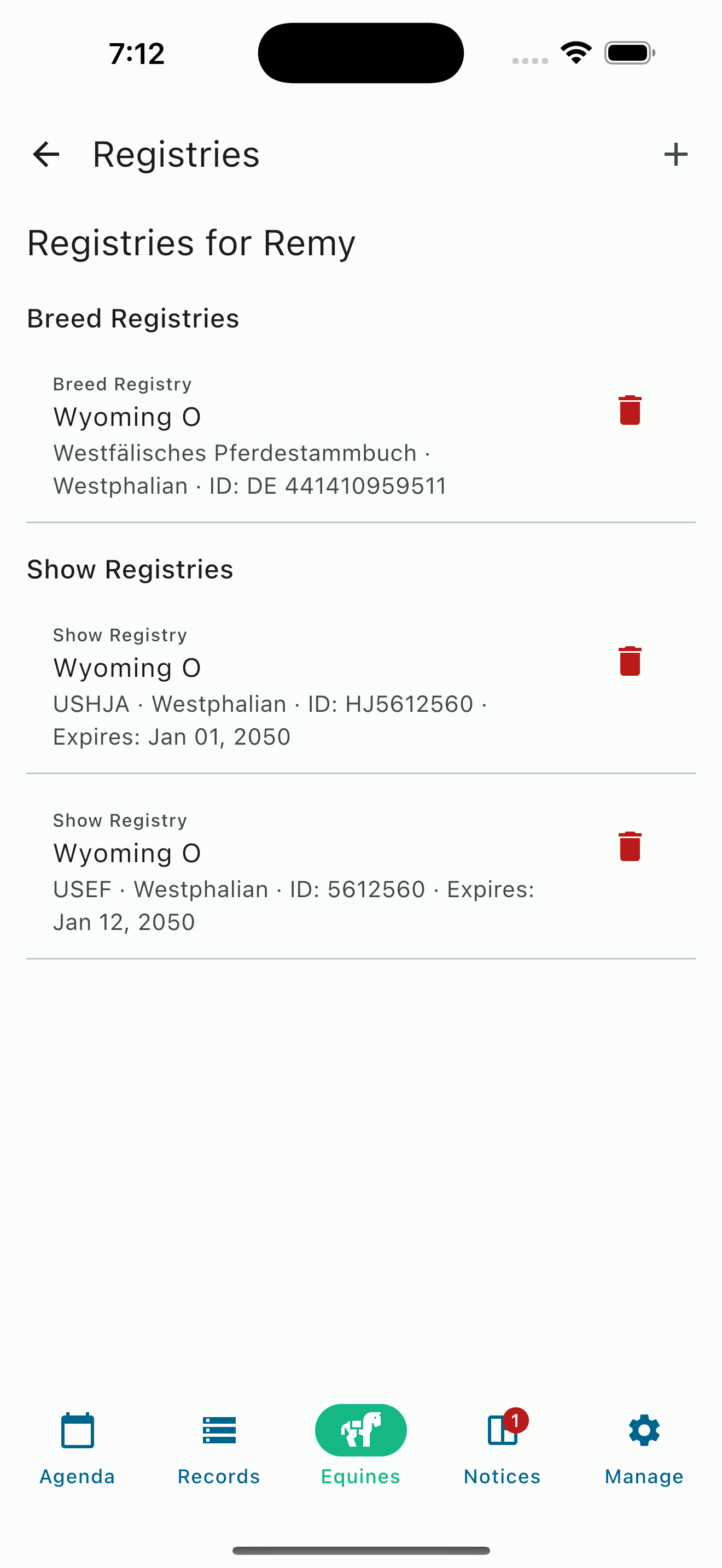 Horse profile registries list showing competition and breed registrations