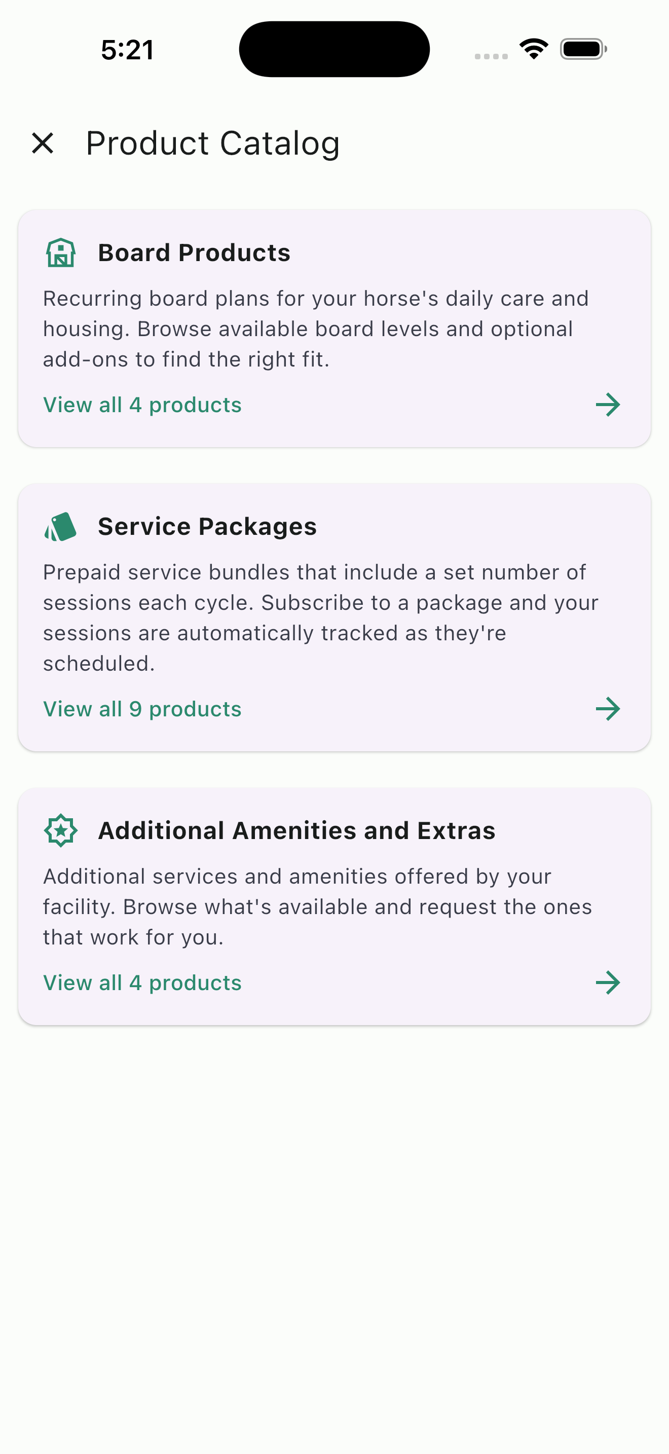 HayNet services and products catalog showing board, packages, and amenities for member clients to browse