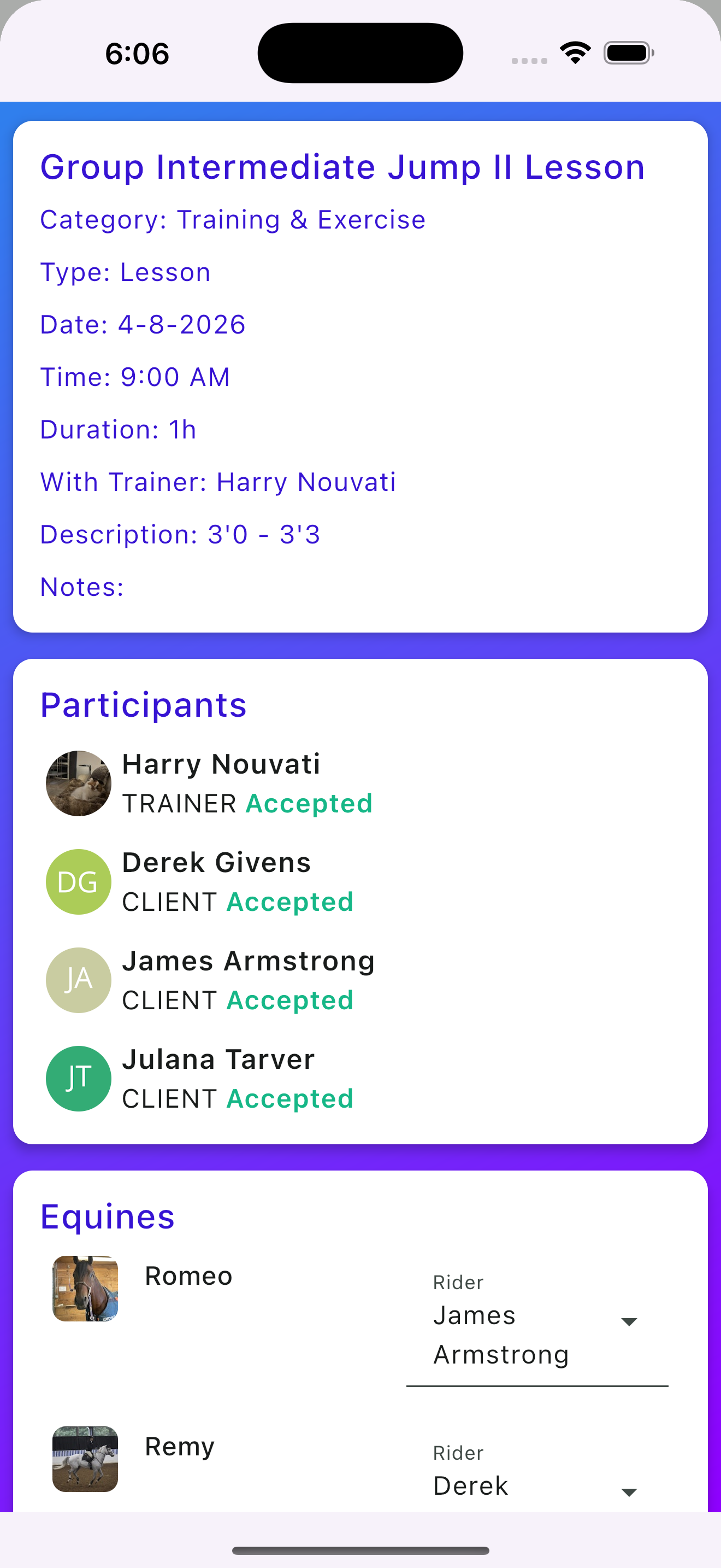 Group lesson record detail showing participants, equines, and rider assignments