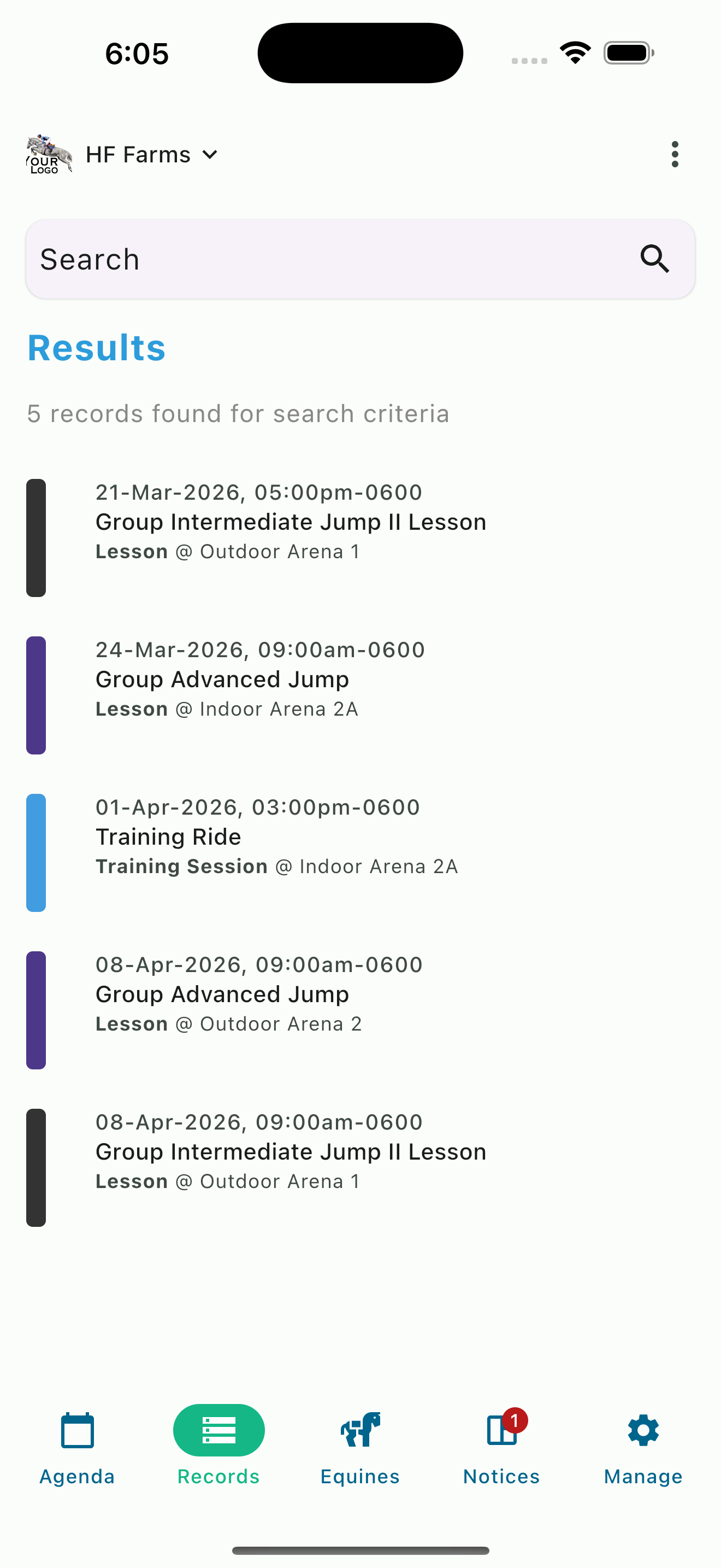 Horse timeline showing 5 records across lessons and training sessions
