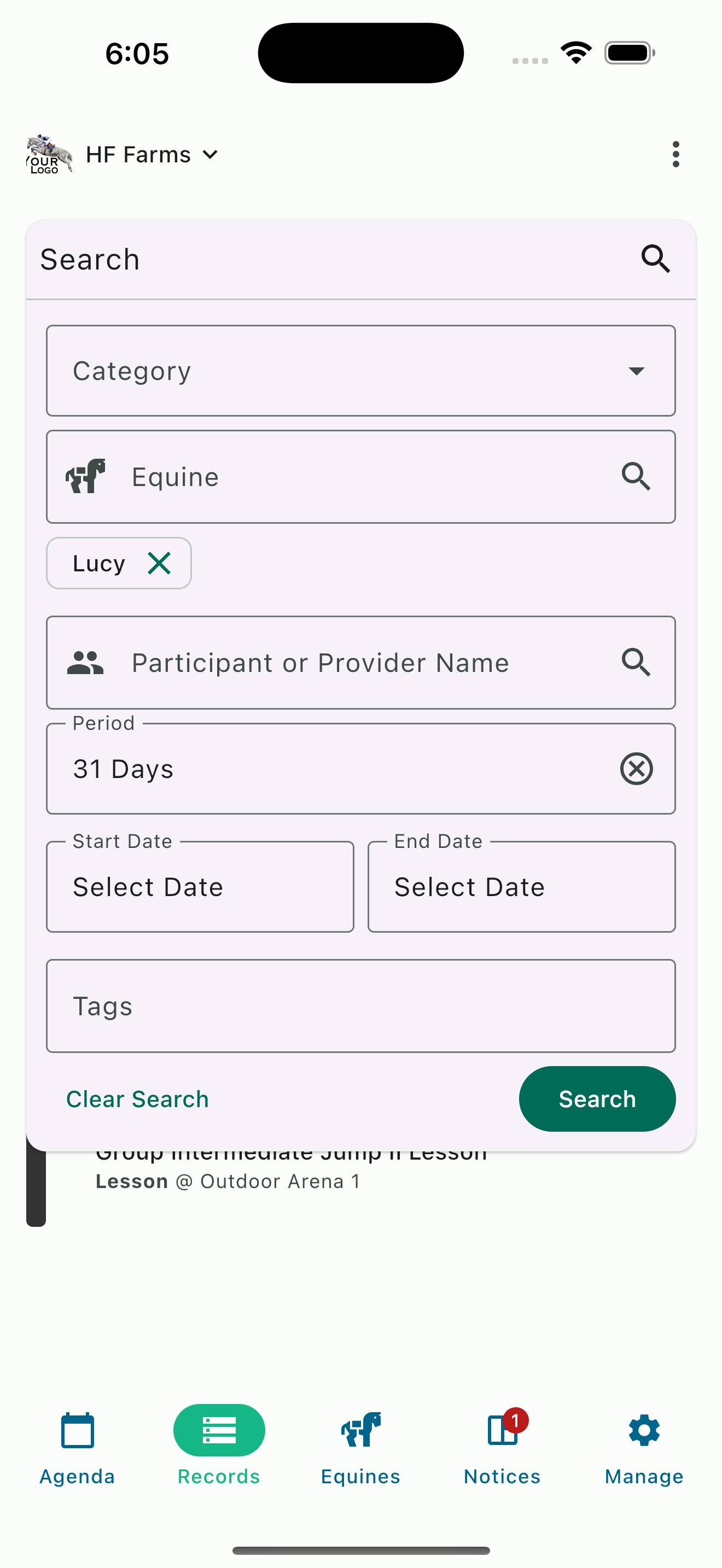 Searching records filtered by horse name Lucy