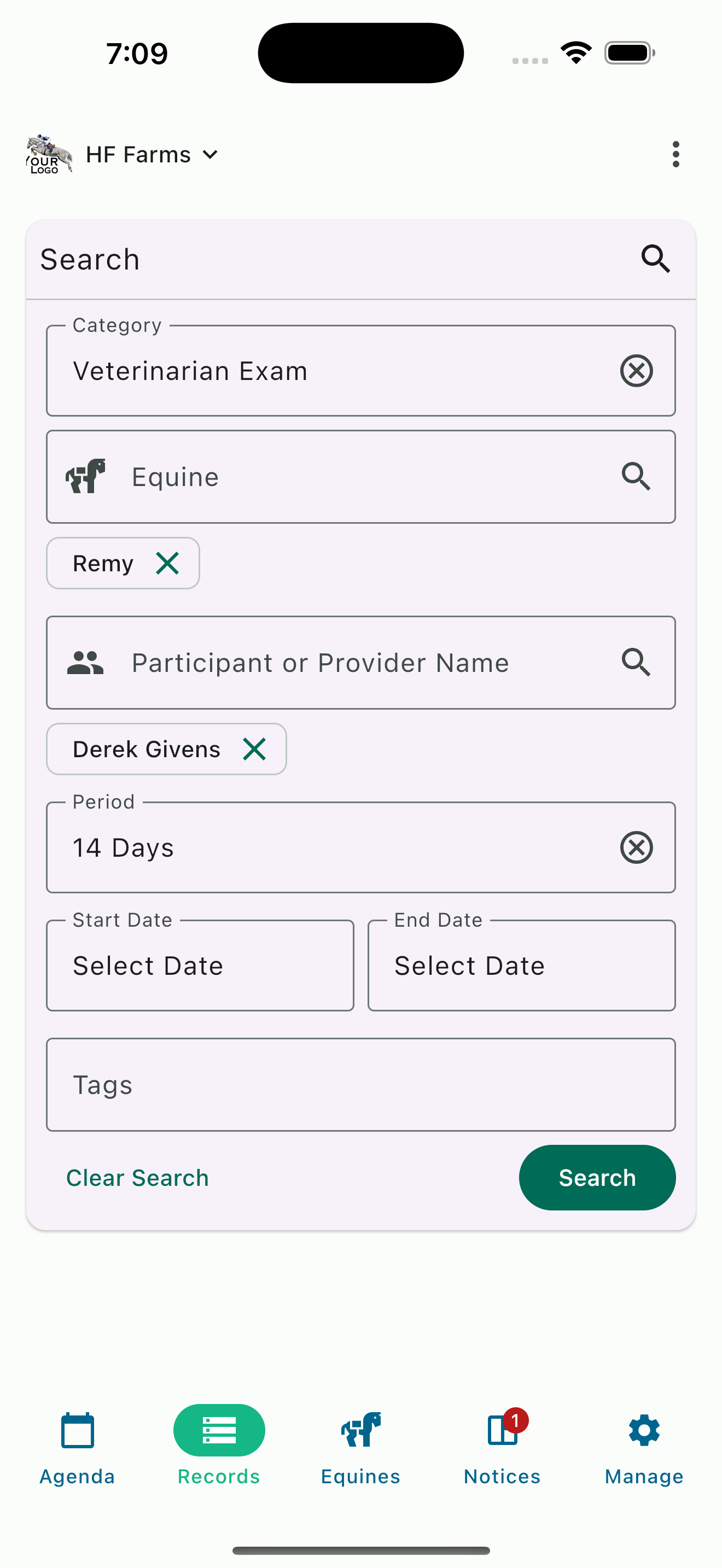 Records search with specific criteria: category, equine, participant, and date range