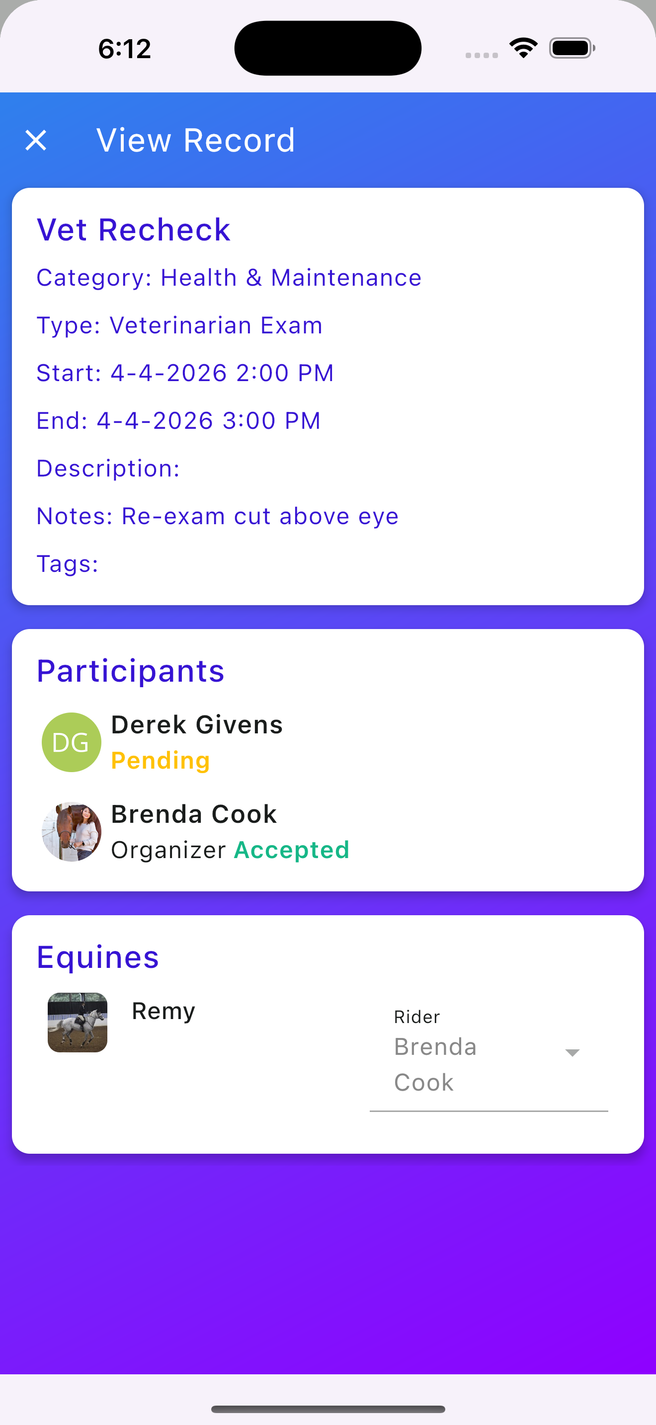 Vet check record detail showing Health and Maintenance category with notes