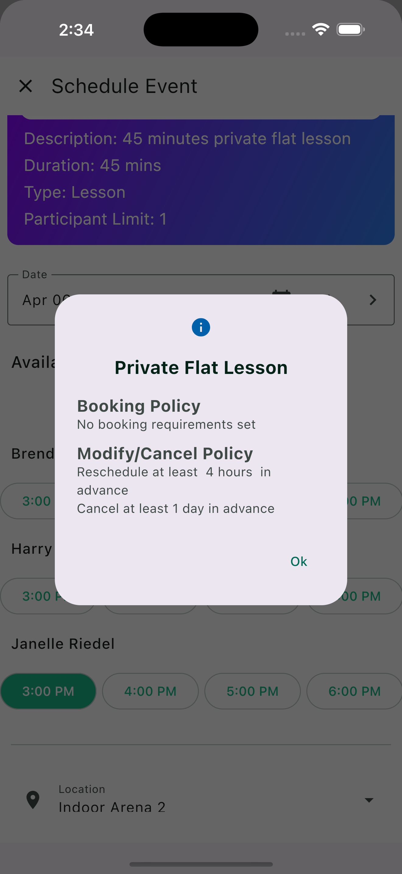 HayNet booking and cancellation policy displayed to clients before scheduling