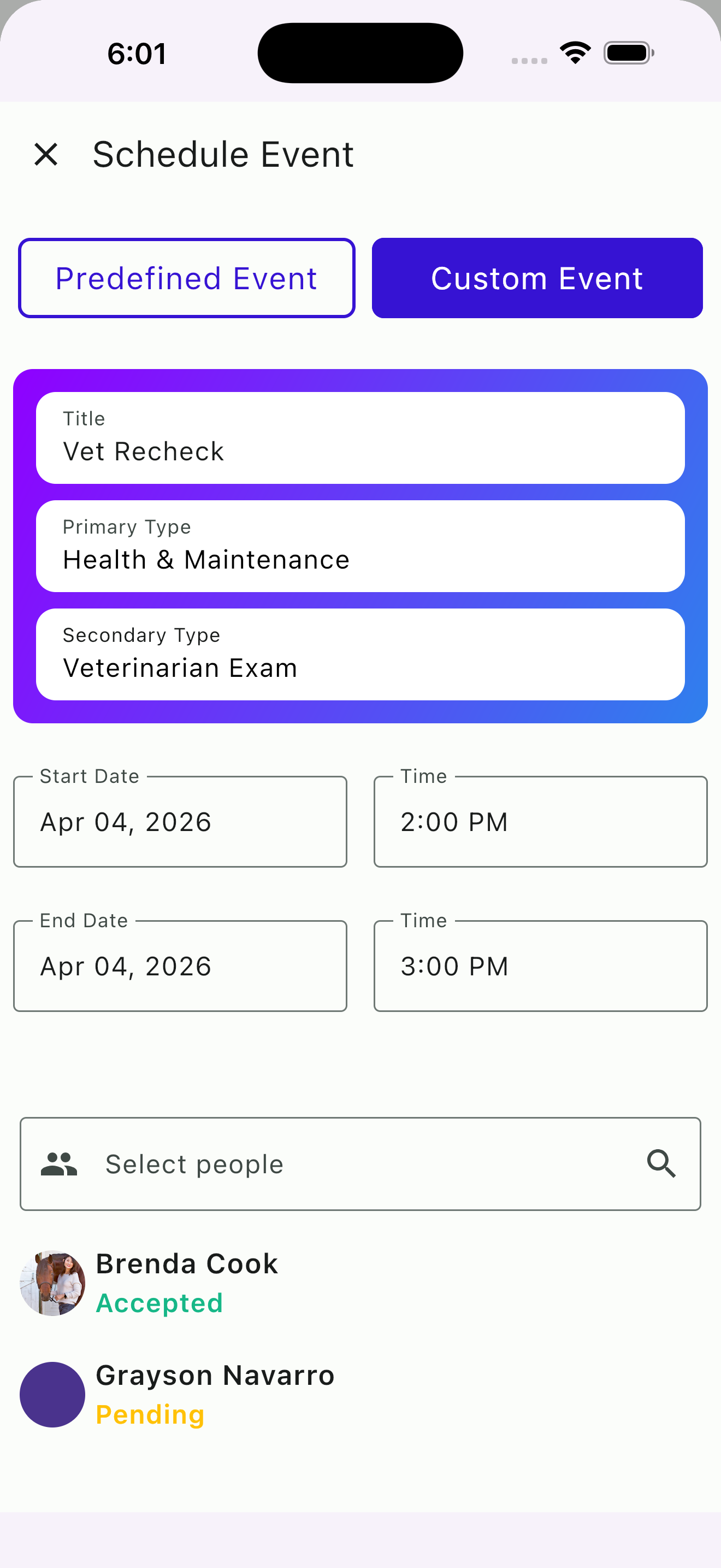 Creating a custom one-off event in HayNet for veterinary appointments