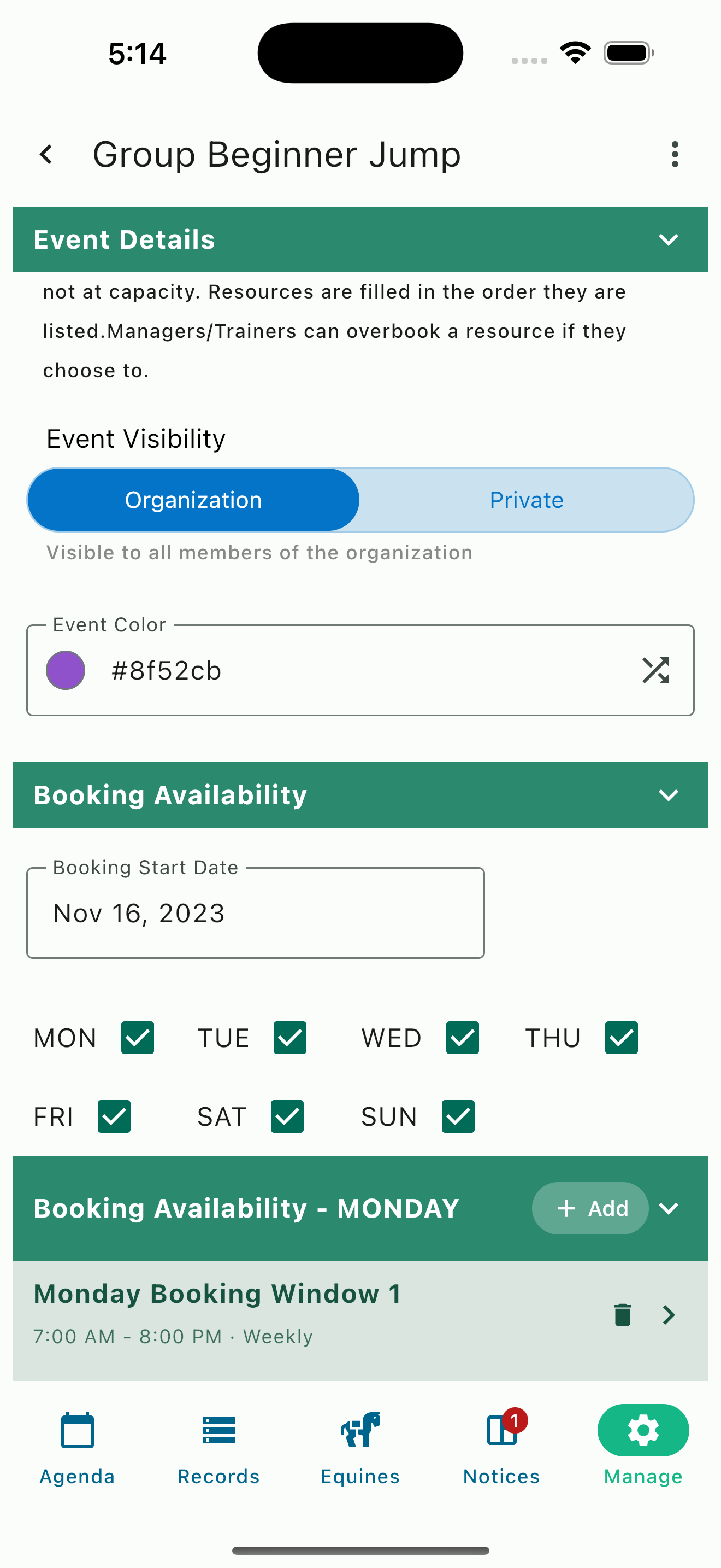 Event Product visibility settings showing public and private options in HayNet