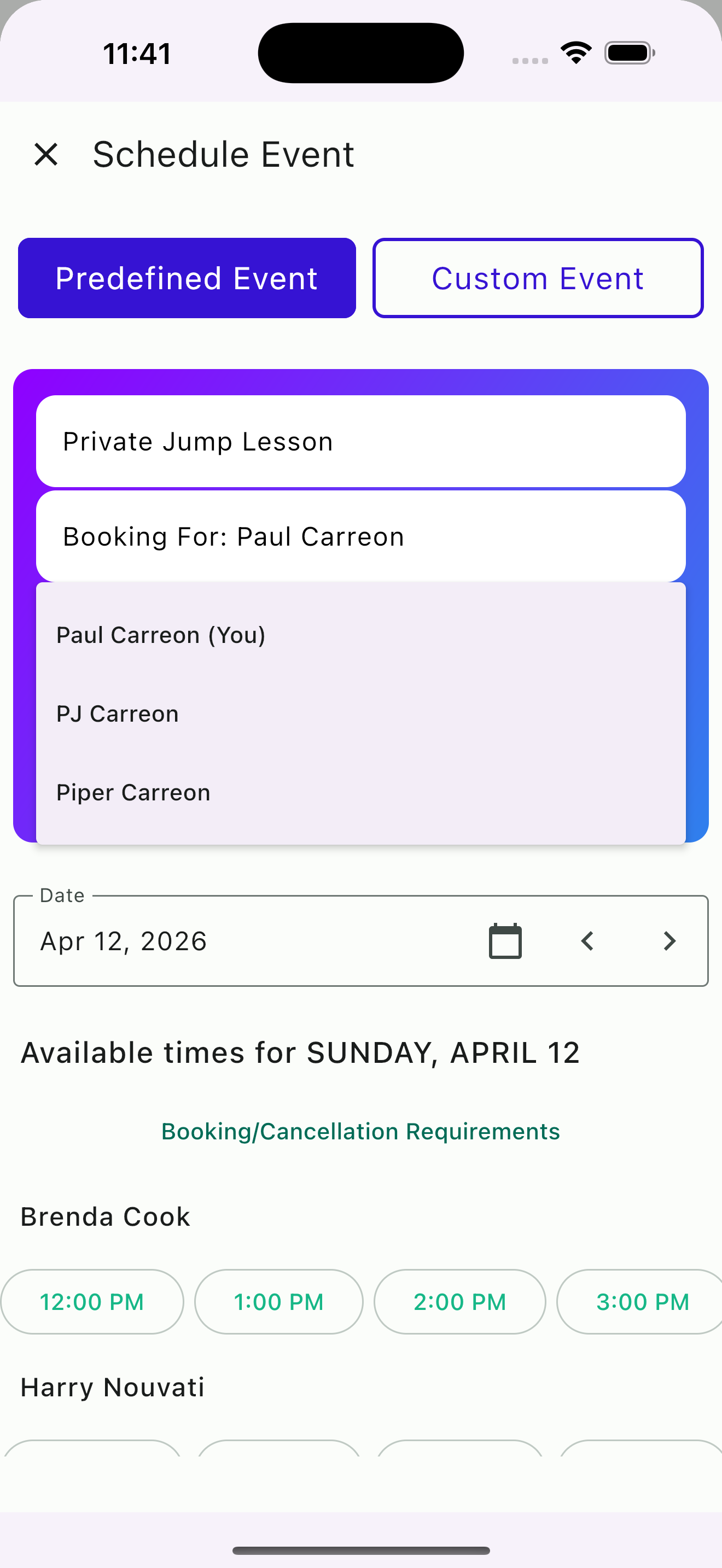 Parent booking a lesson on behalf of their child through Family Accounts