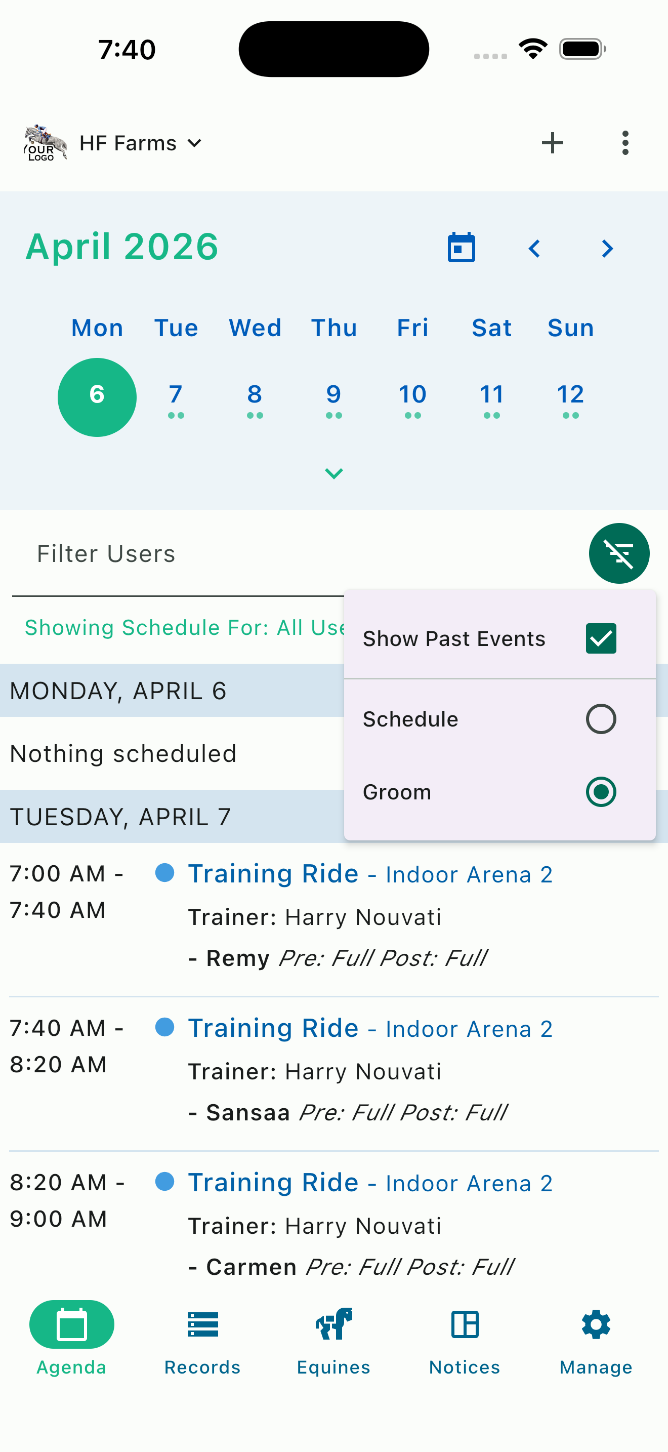 Auto-generated groom and tacking list in HayNet