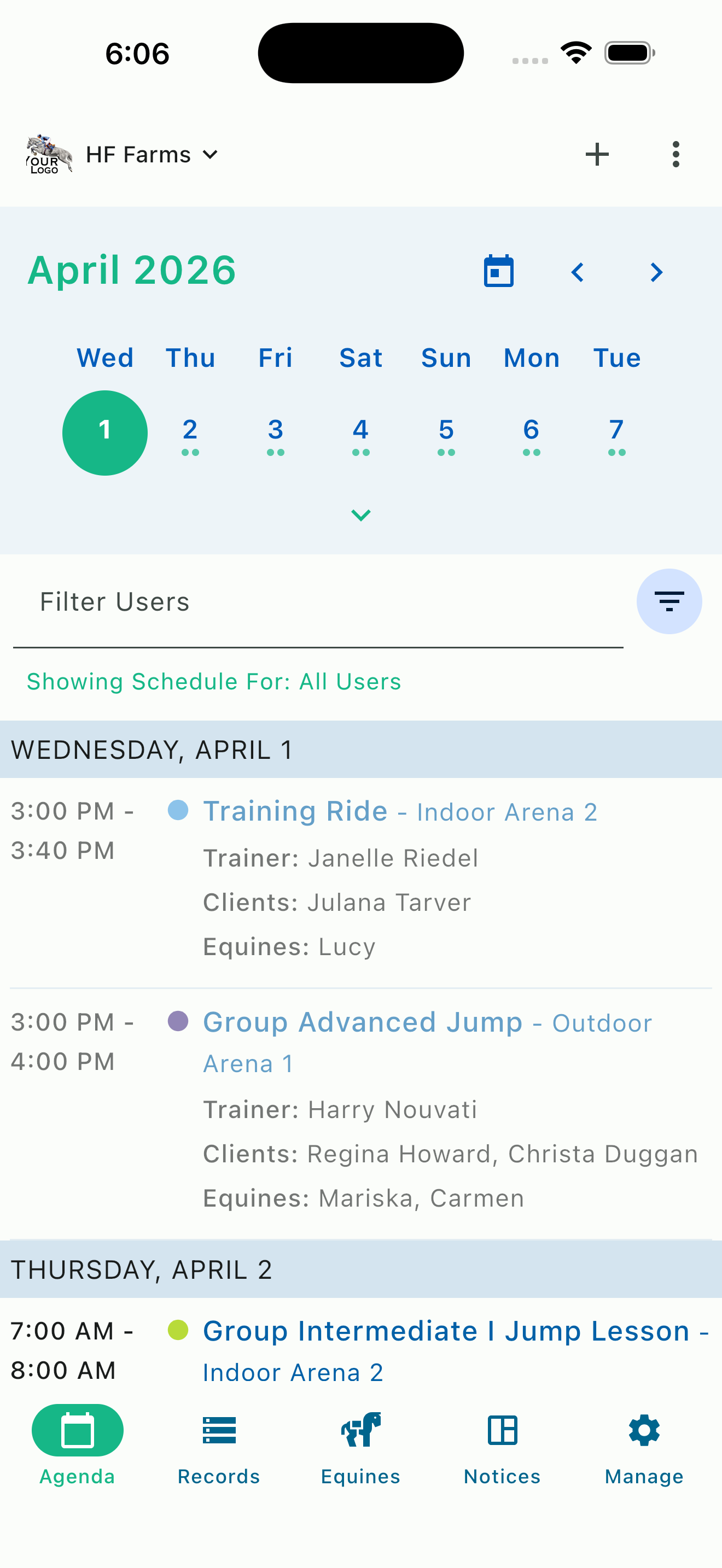 HayNet scrolling agenda view with calendar for barn scheduling