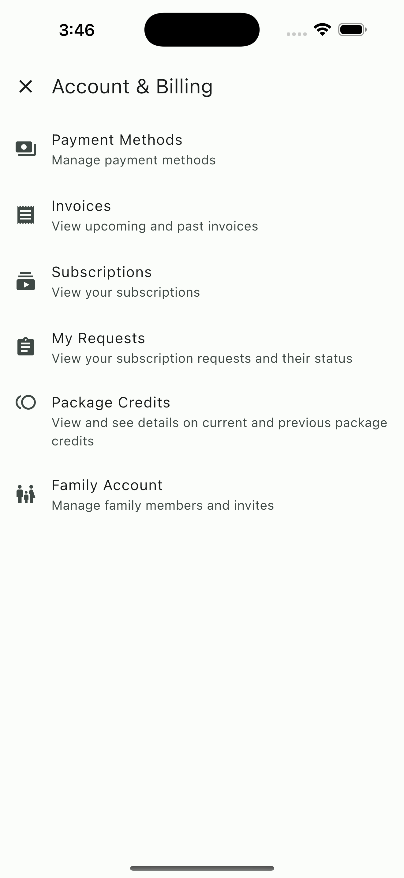 Client self-service portal for payments, invoices, subscriptions, and family accounts