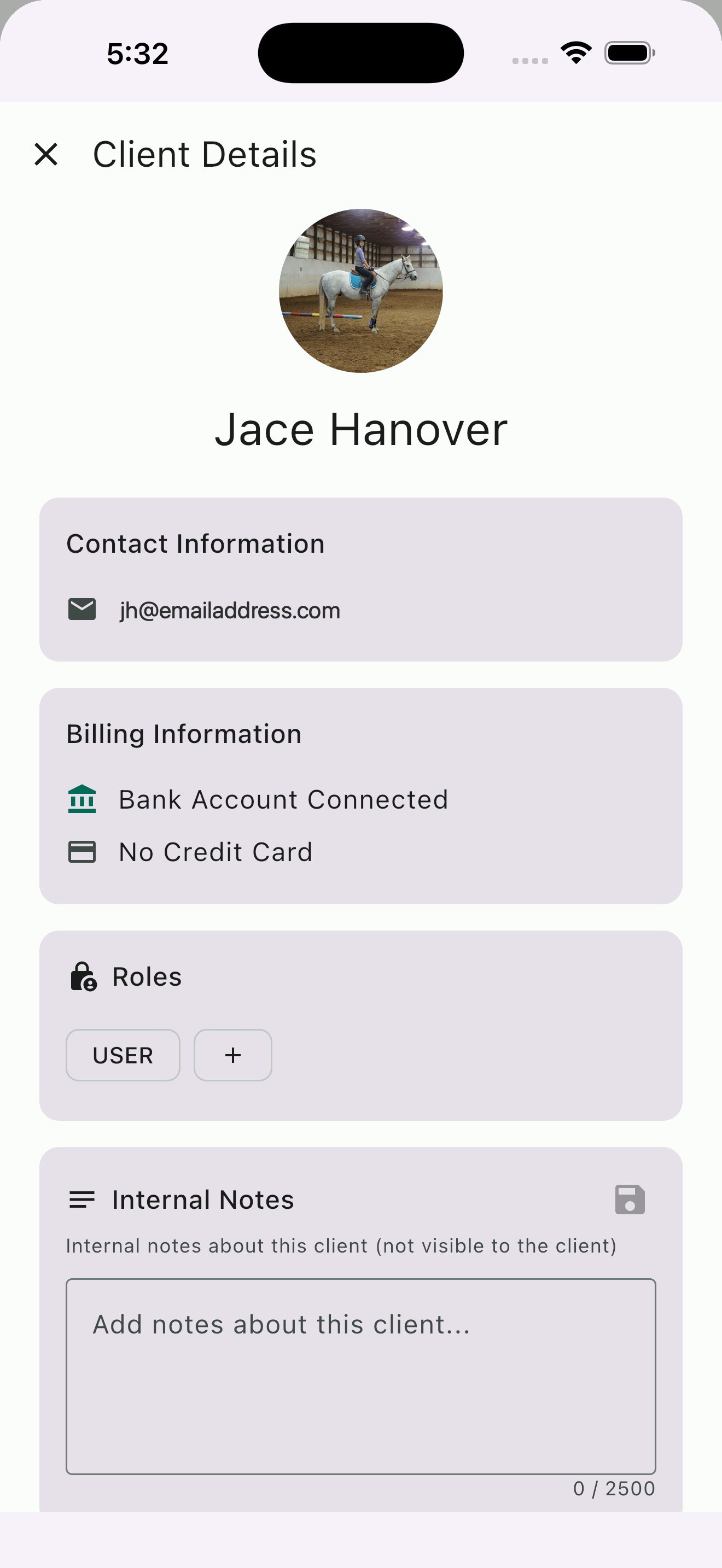 Client profile with contact info, billing status, roles, and private internal notes