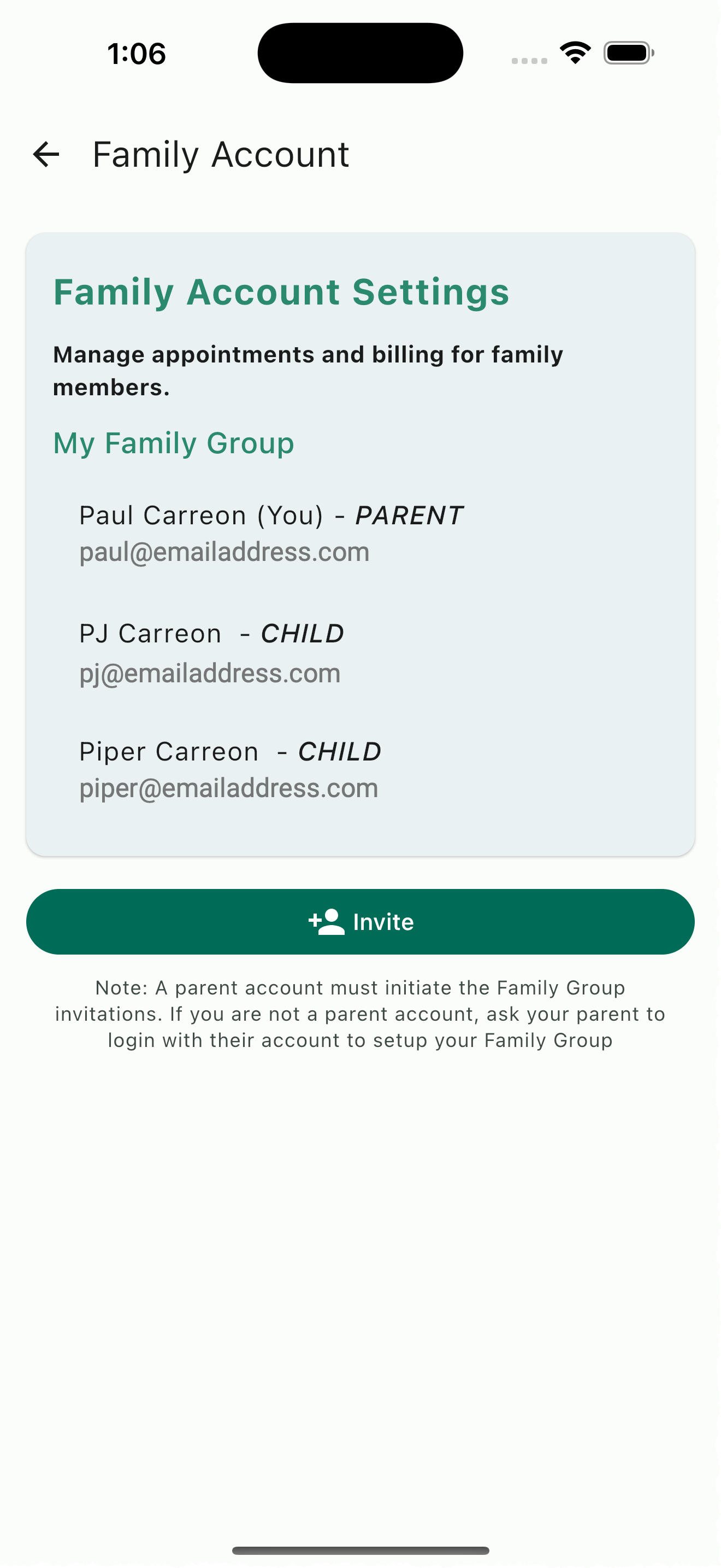 Family Account management screen showing linked family members