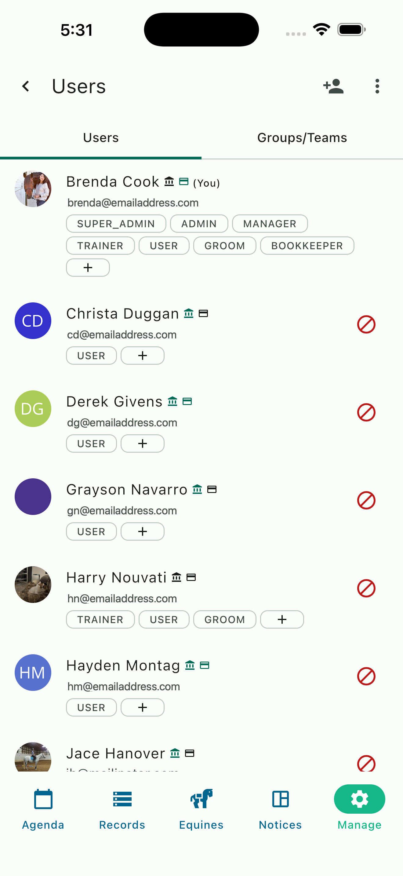 HayNet user management with role-based permission badges for each team member